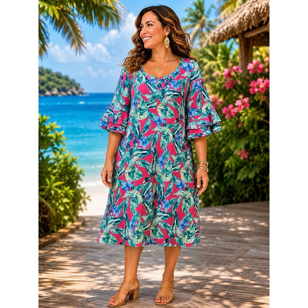 Cappagallo 1X Tropical Floral Ruffle Sleeve Stretch Dress Pink Blue Green